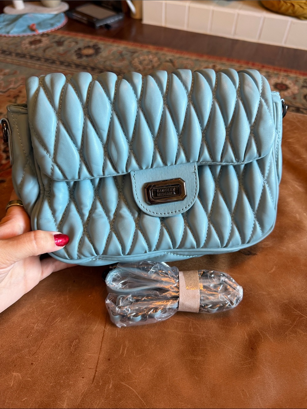 NWOT Badgley Mischka Sky Blue Mini Quilted Messenger Crossbody Bag – Brand New!